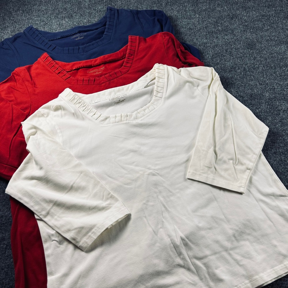 Coldwater Creek Womens 2X 3/4 Sleeve Pleated Neck Top Bundle Red White Navy 3pk